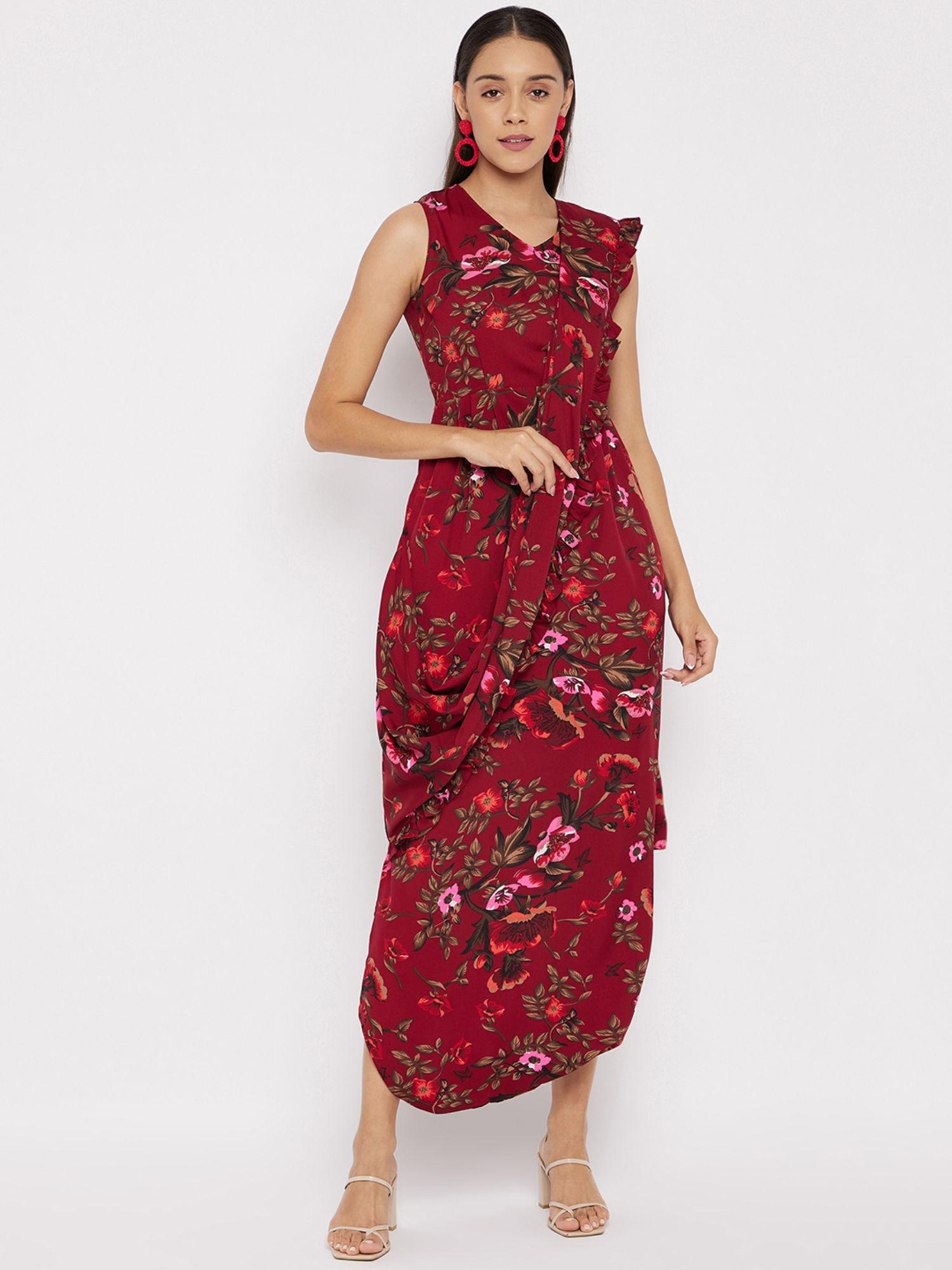 maroon dhoti jumpsuit with attached dupatta