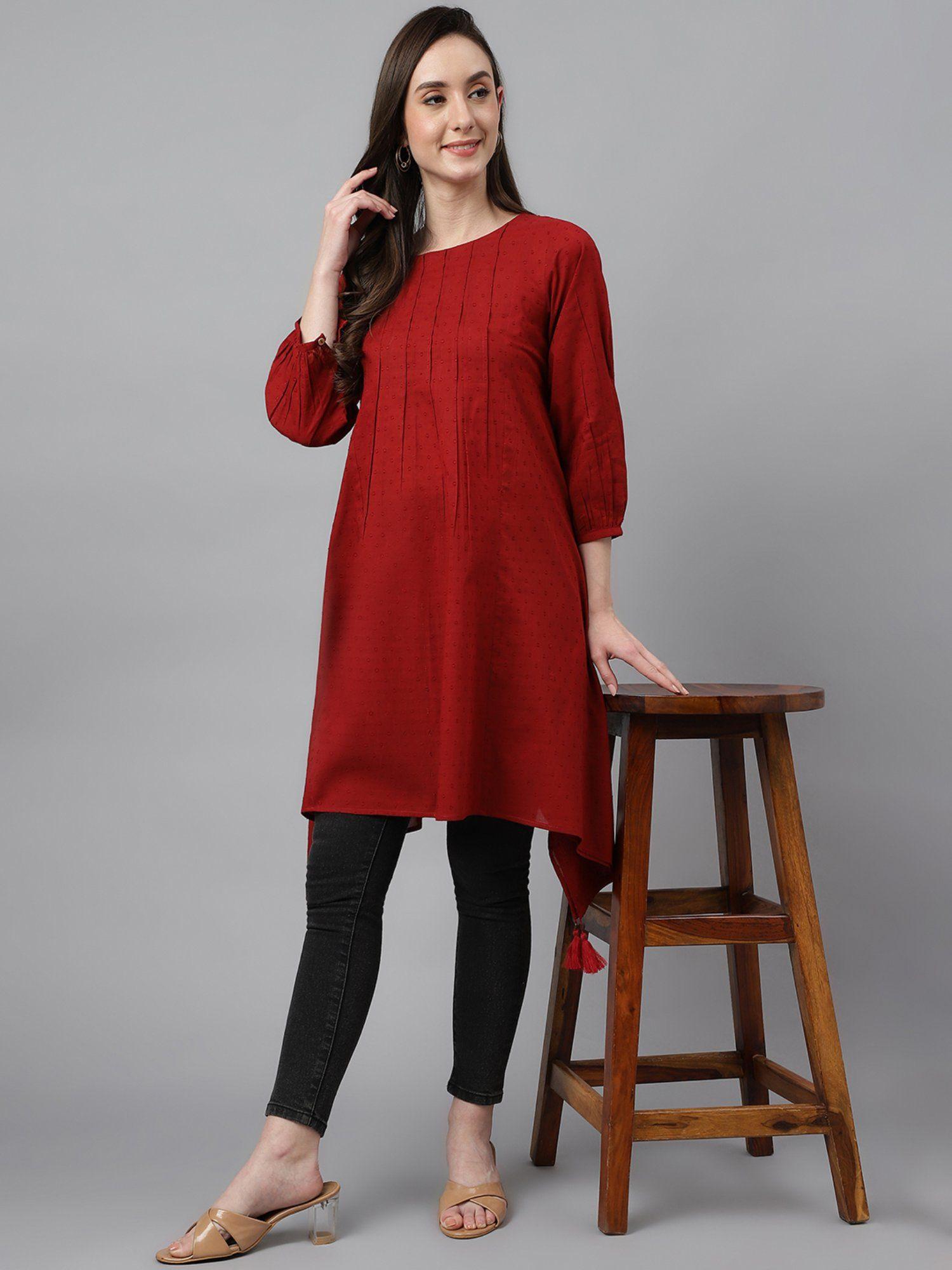 maroon dobby cotton solid handkerchieftunic