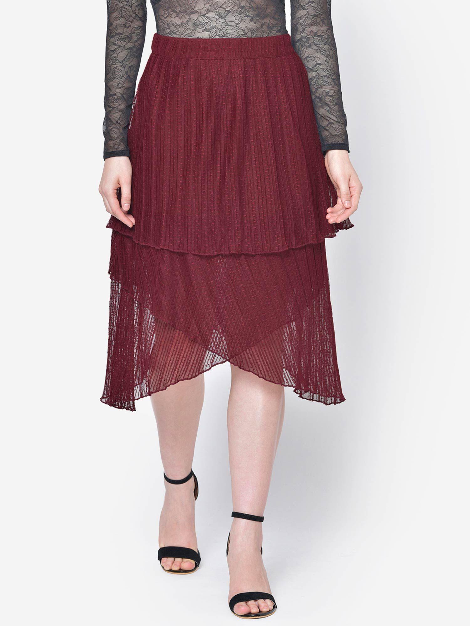 maroon dobby pleated asymmetric skirt