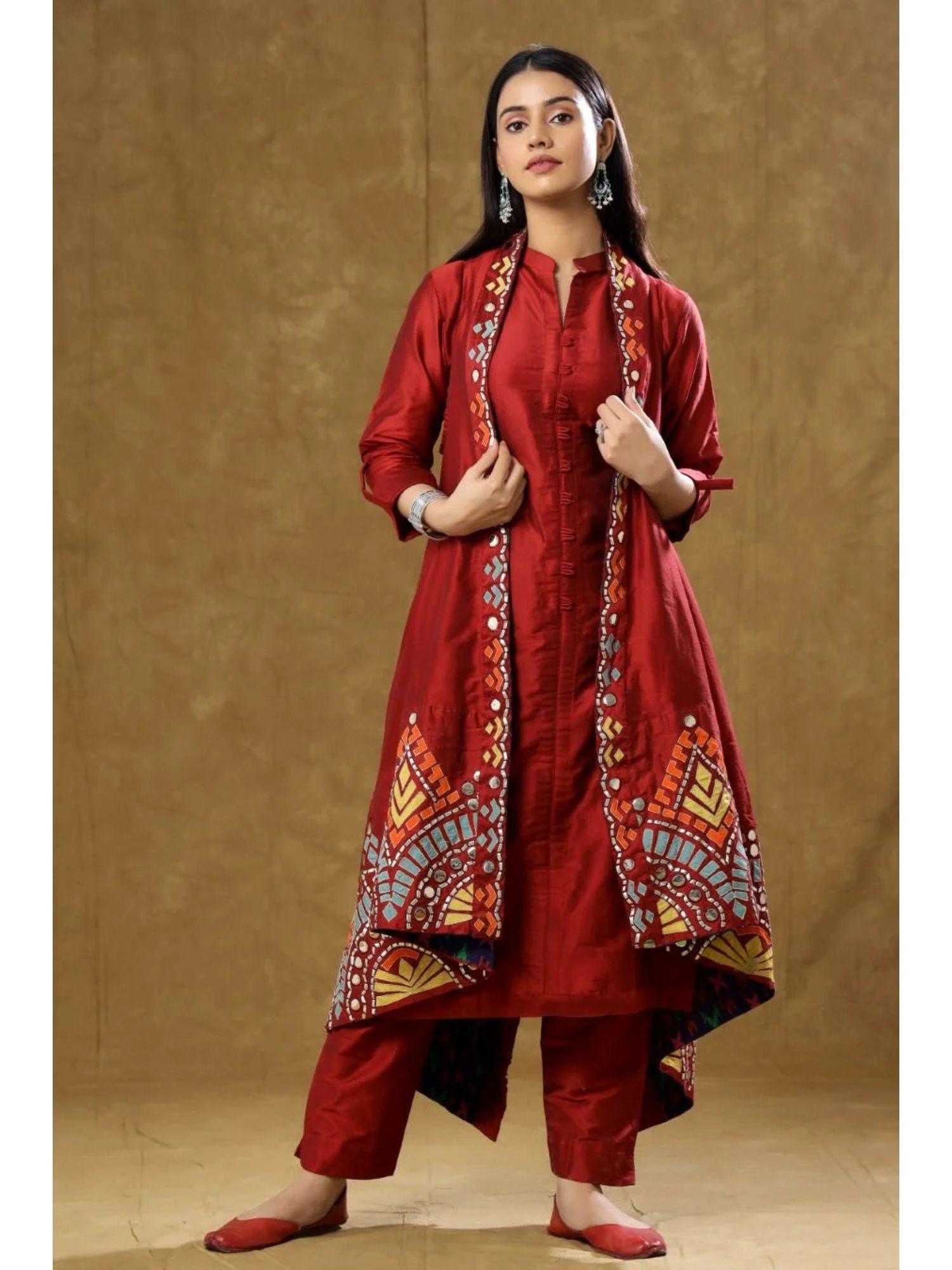 maroon dola silk kurta pant and jacket (set of 3)