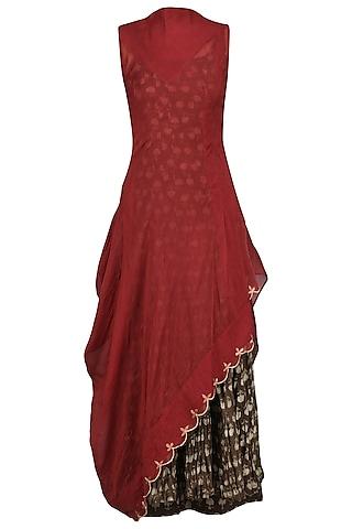 maroon drape dress with printed anarkali set