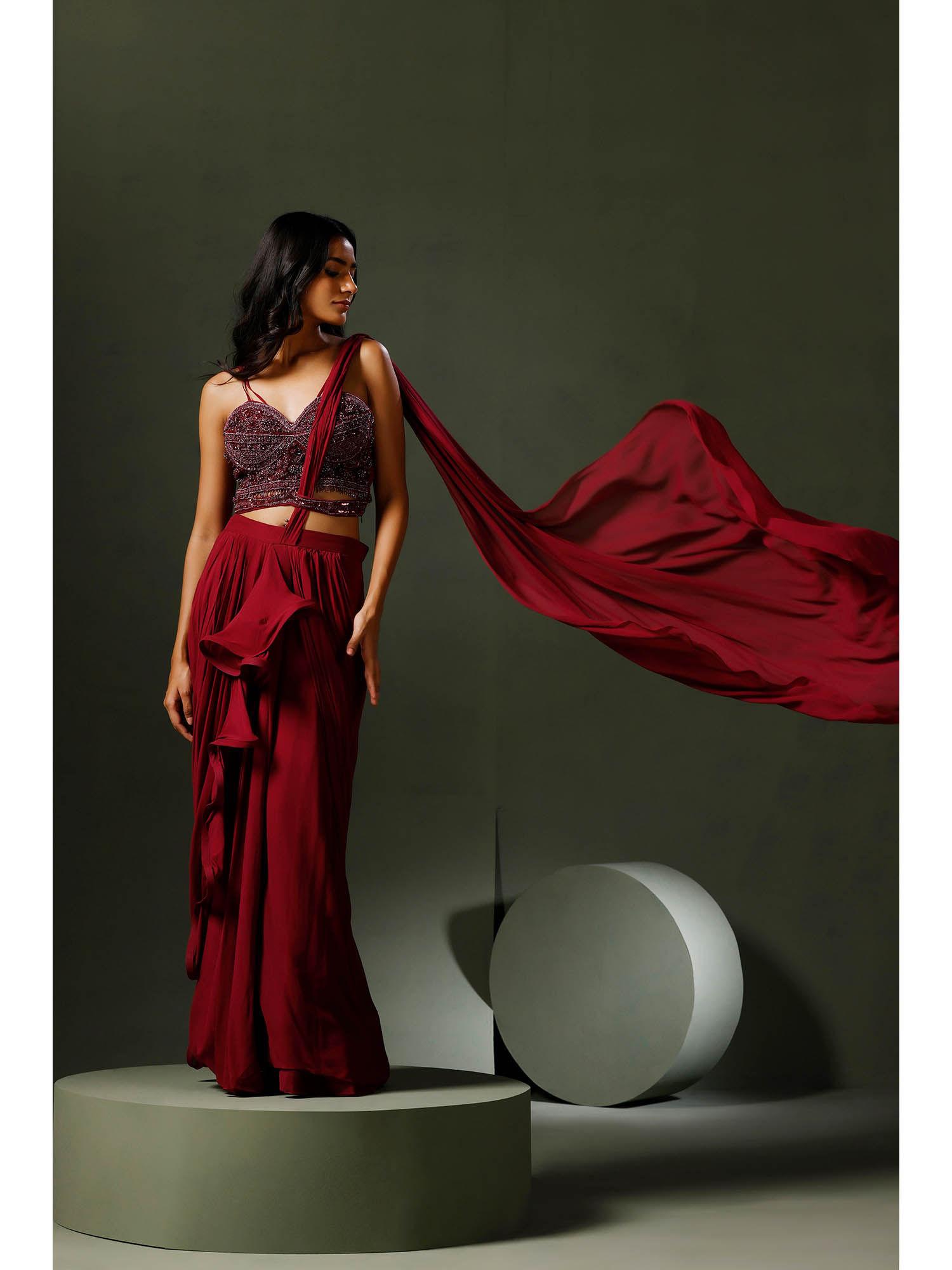 maroon drape saree with stitched blouse