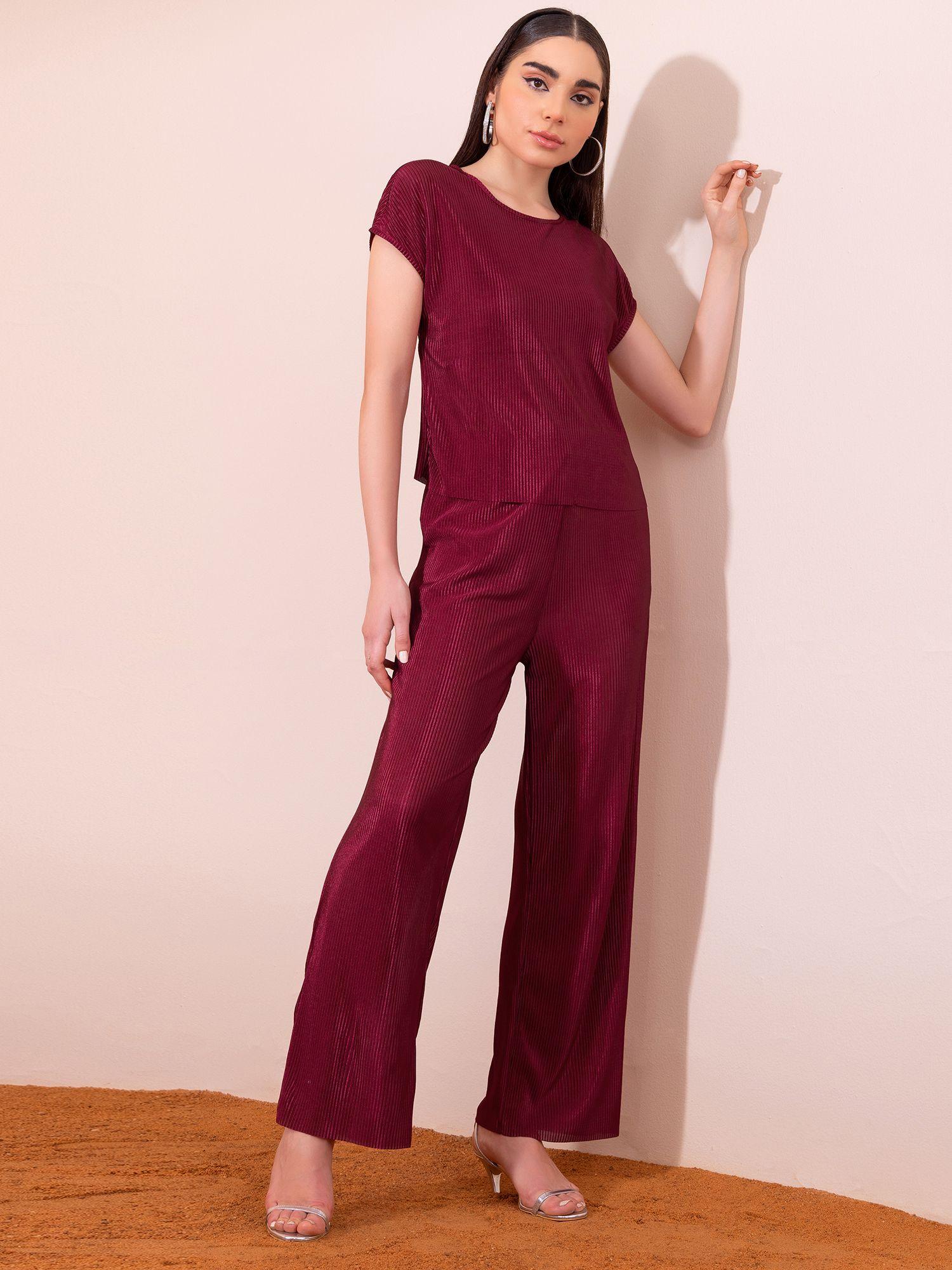 maroon drop sleeve top and pleated trousers co-ord (set of 2)