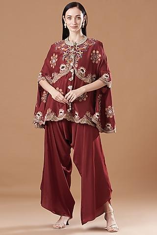 maroon dupion embroidered cape set