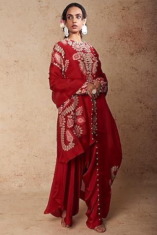 maroon dupion embroidered kurta set
