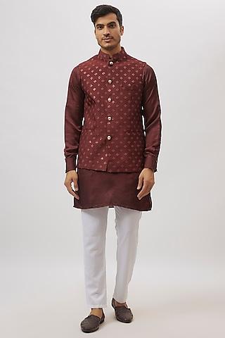 maroon dupion silk embroidered bundi jacket set for boys