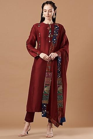 maroon dupion silk kurta set