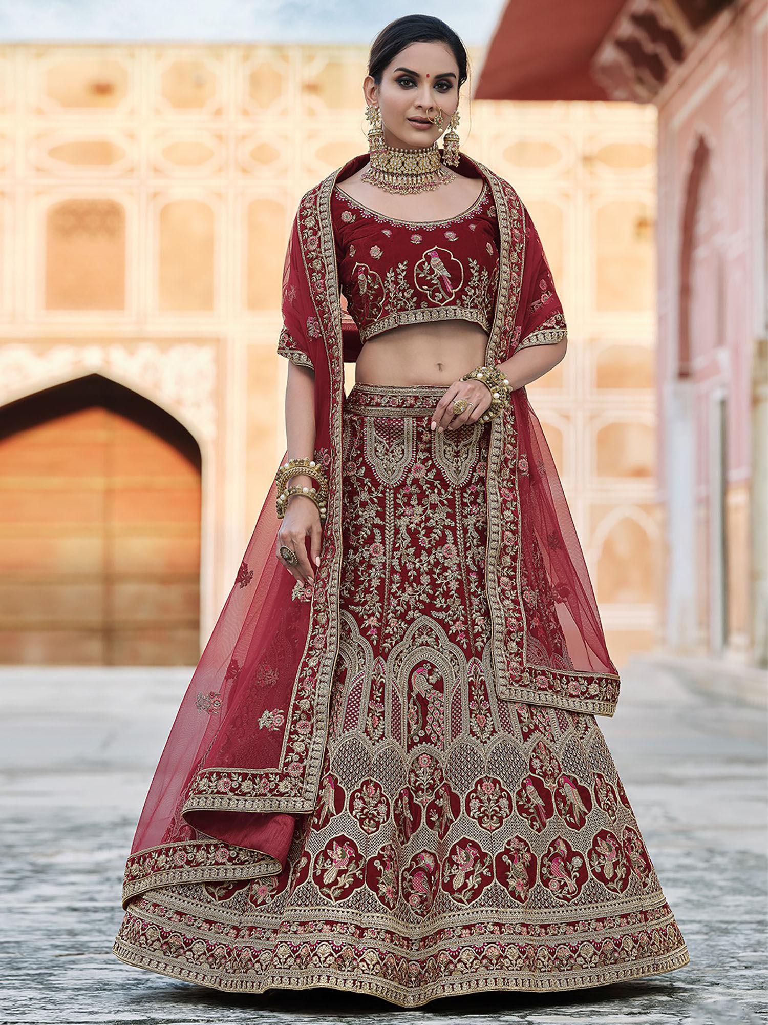 maroon elegant semi stitched lehenga with unstitched blouse (set of 3)