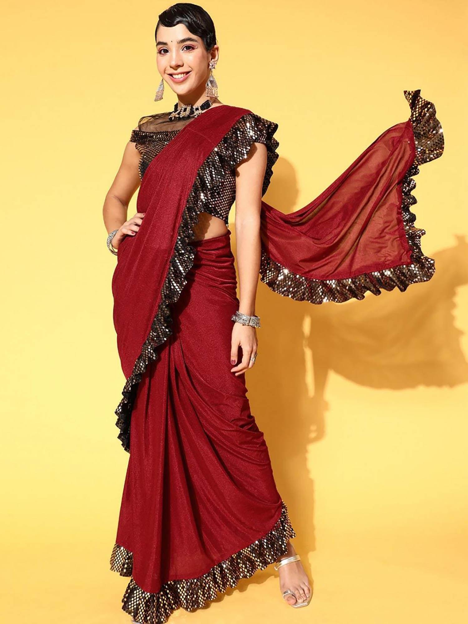 maroon embellished/sequined pre-draped saree with stitched blouse