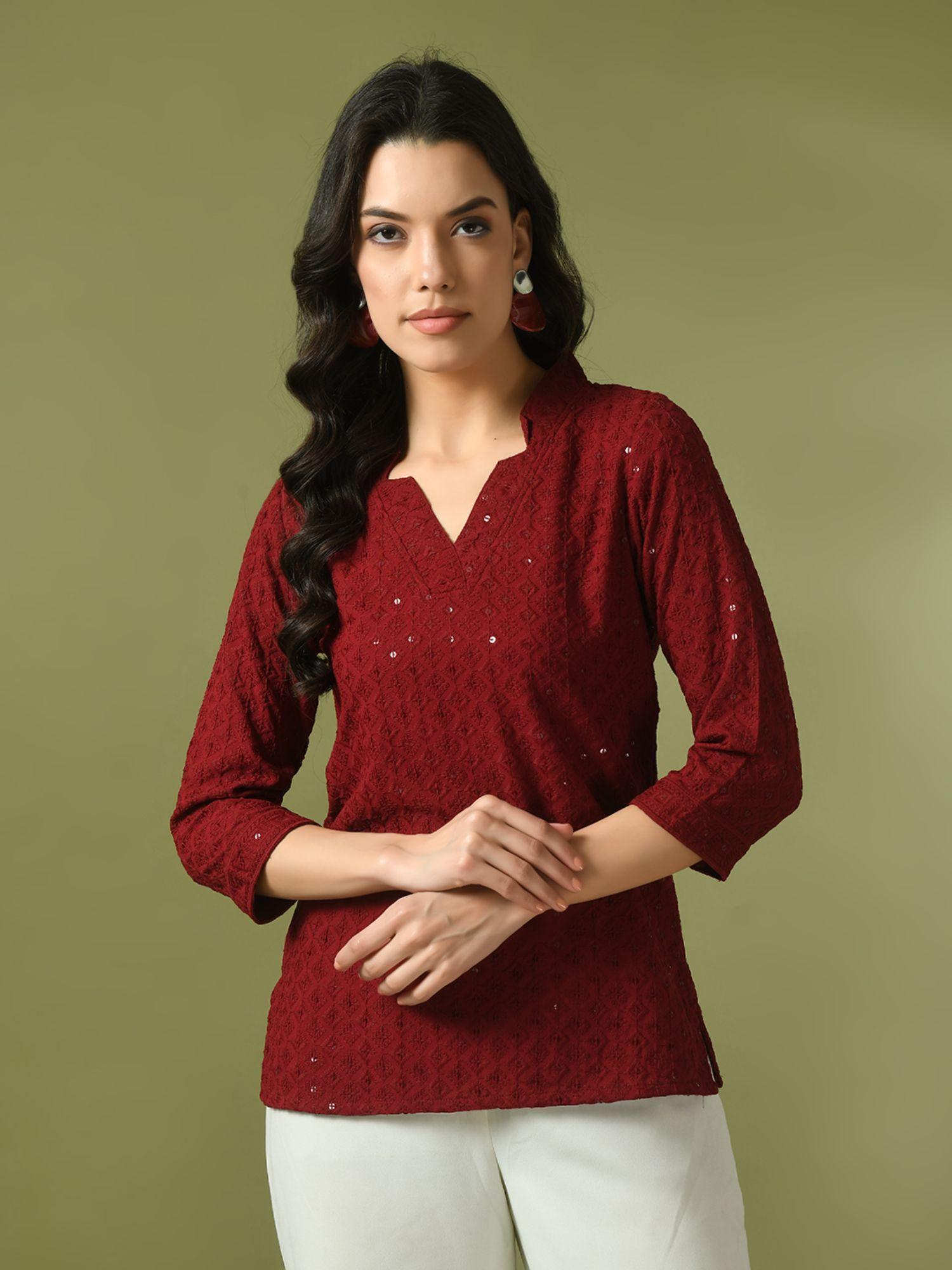 maroon embellished cotton regular party tunic