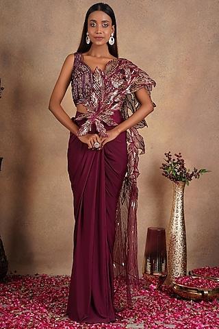 maroon embellished draped saree set
