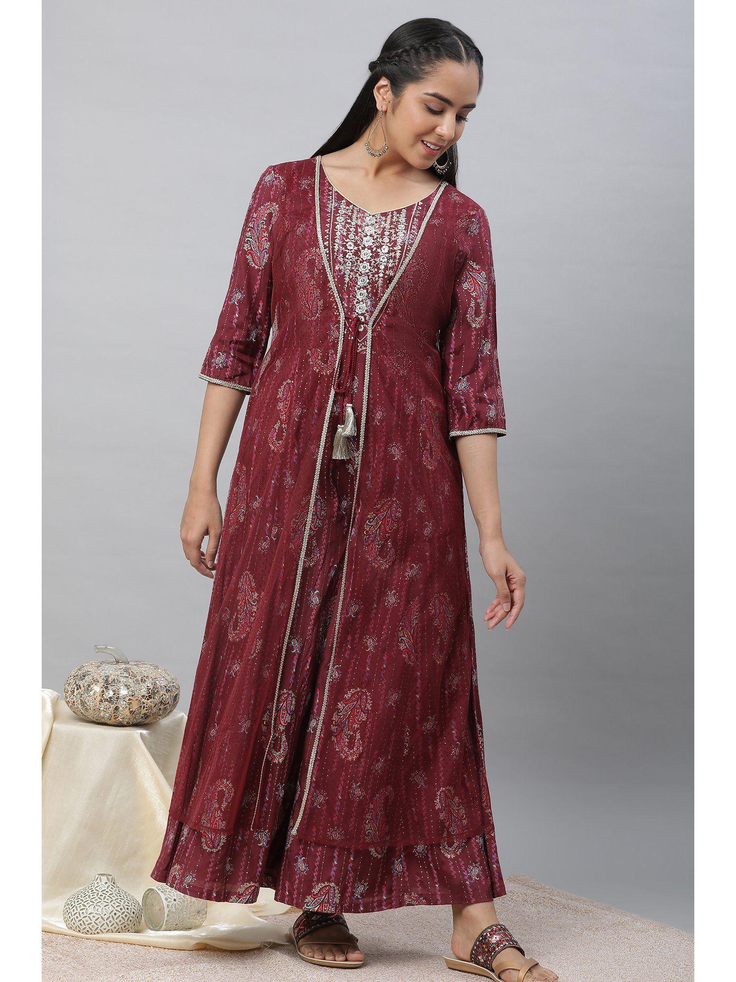 maroon embellished festive jumpsuit with attached sheer layer