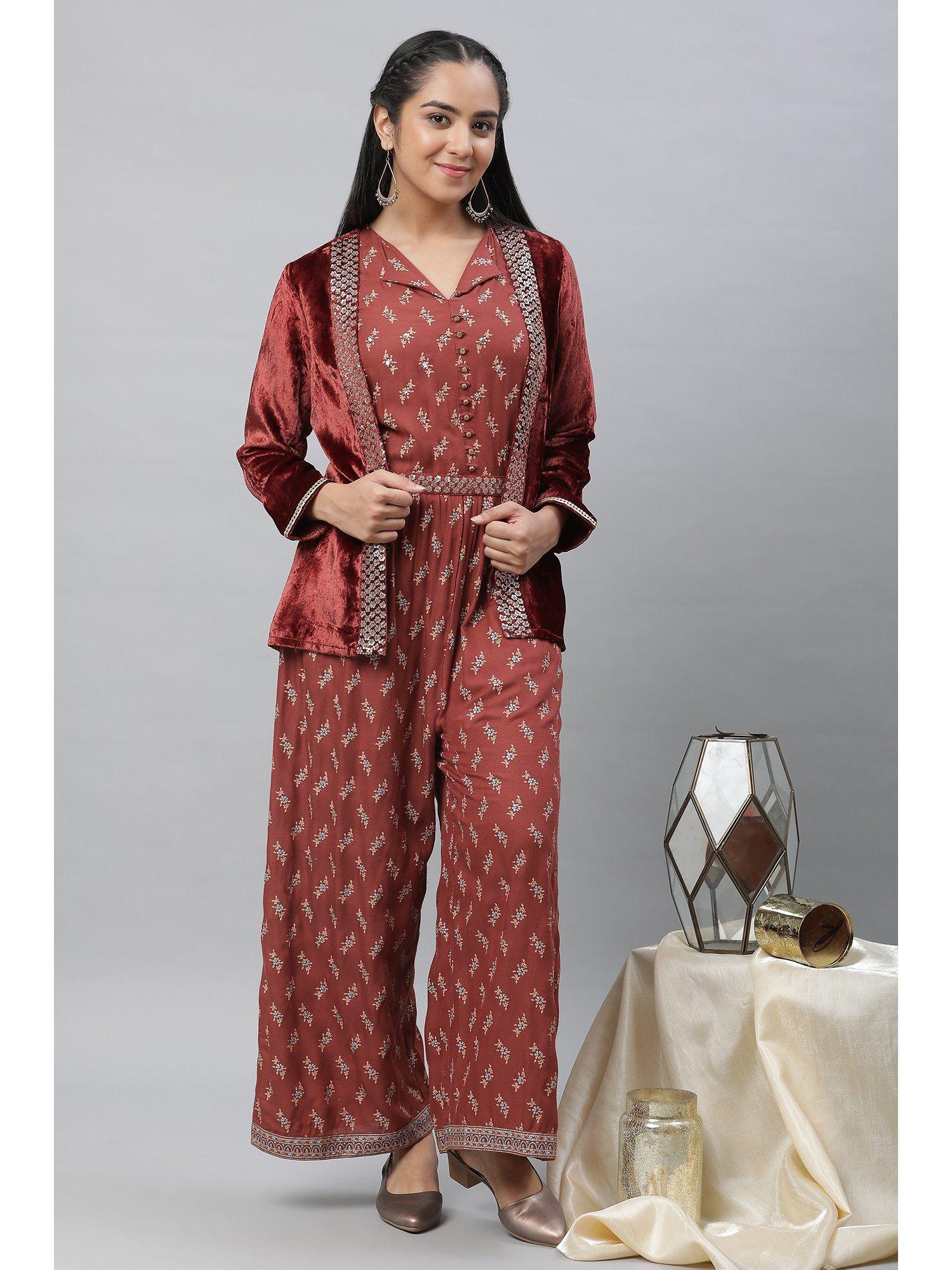 maroon embellished jumpsuit with velvet jacket and belt (set of 3)