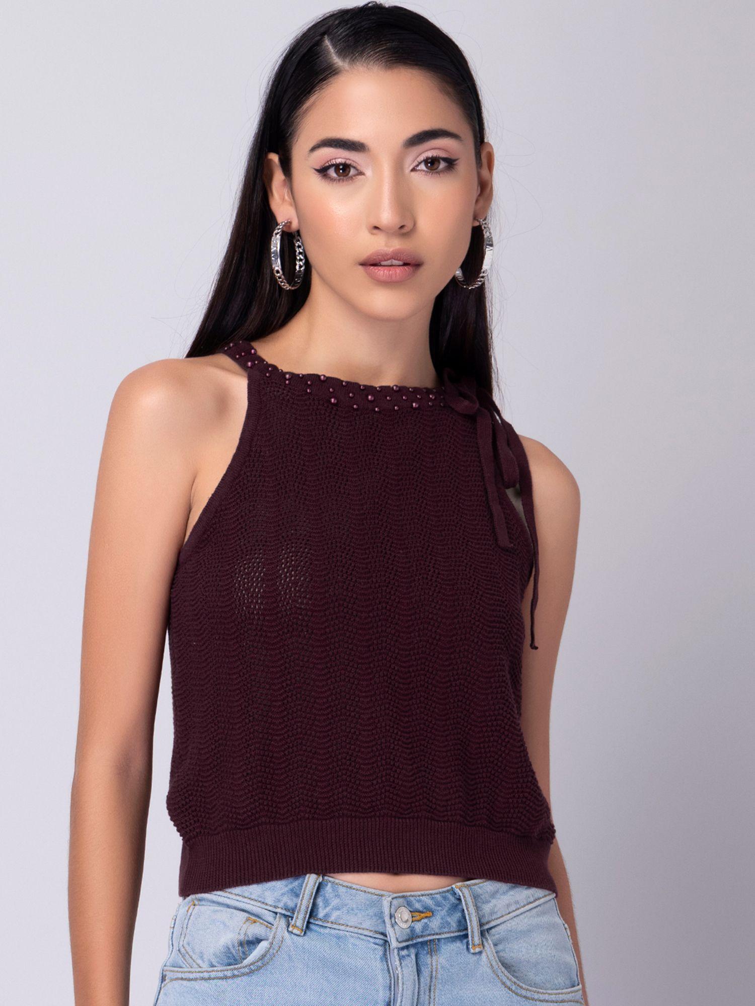 maroon embellished knitted sweater