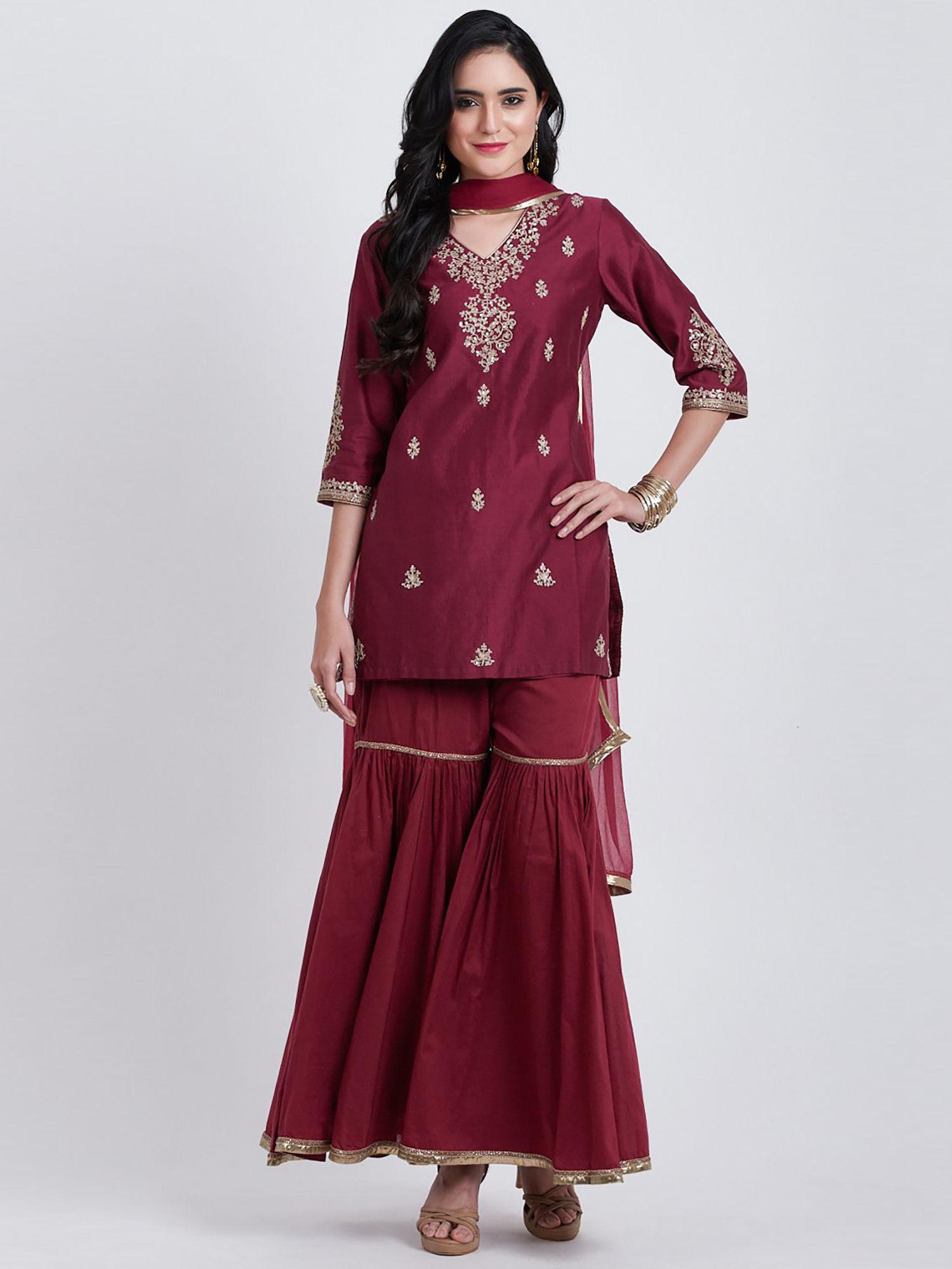 maroon embellished kurta with sharara pants & dupatta (set of 3)