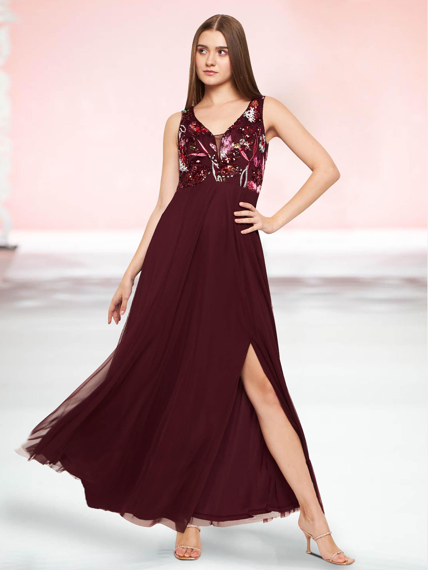 maroon embellished net gown