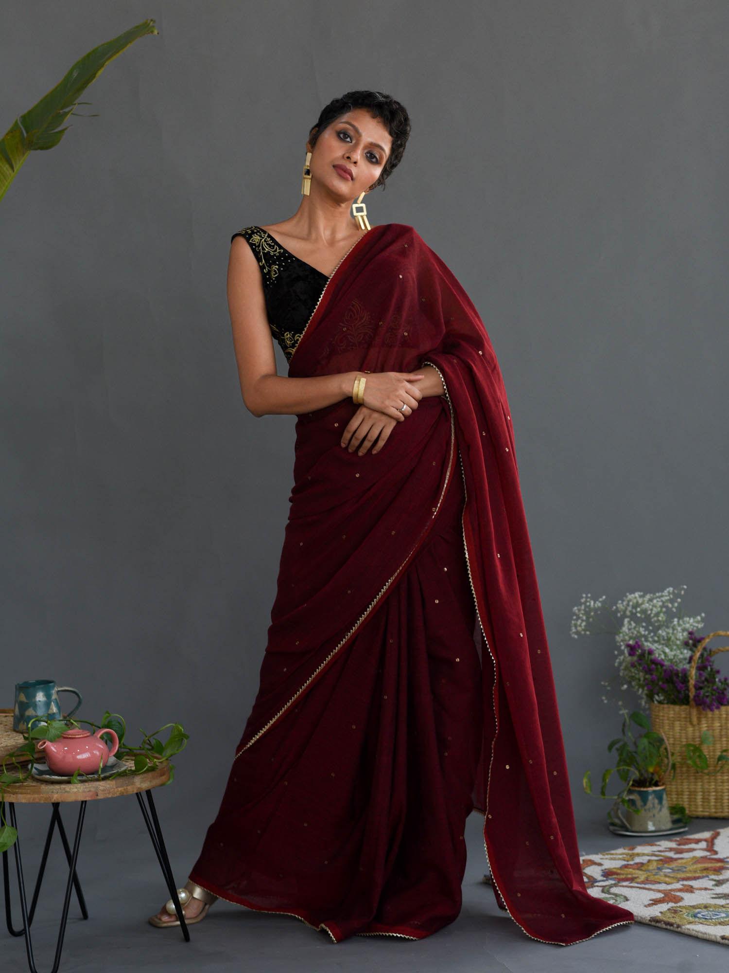 maroon embellished pure cotton saree