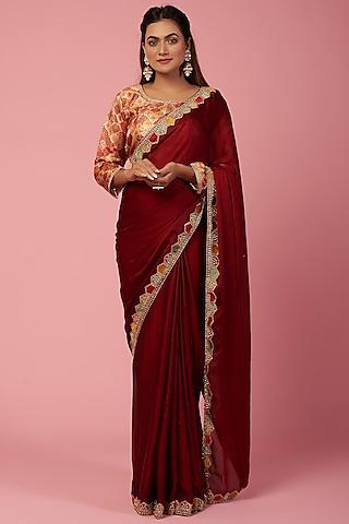 maroon embellished saree set