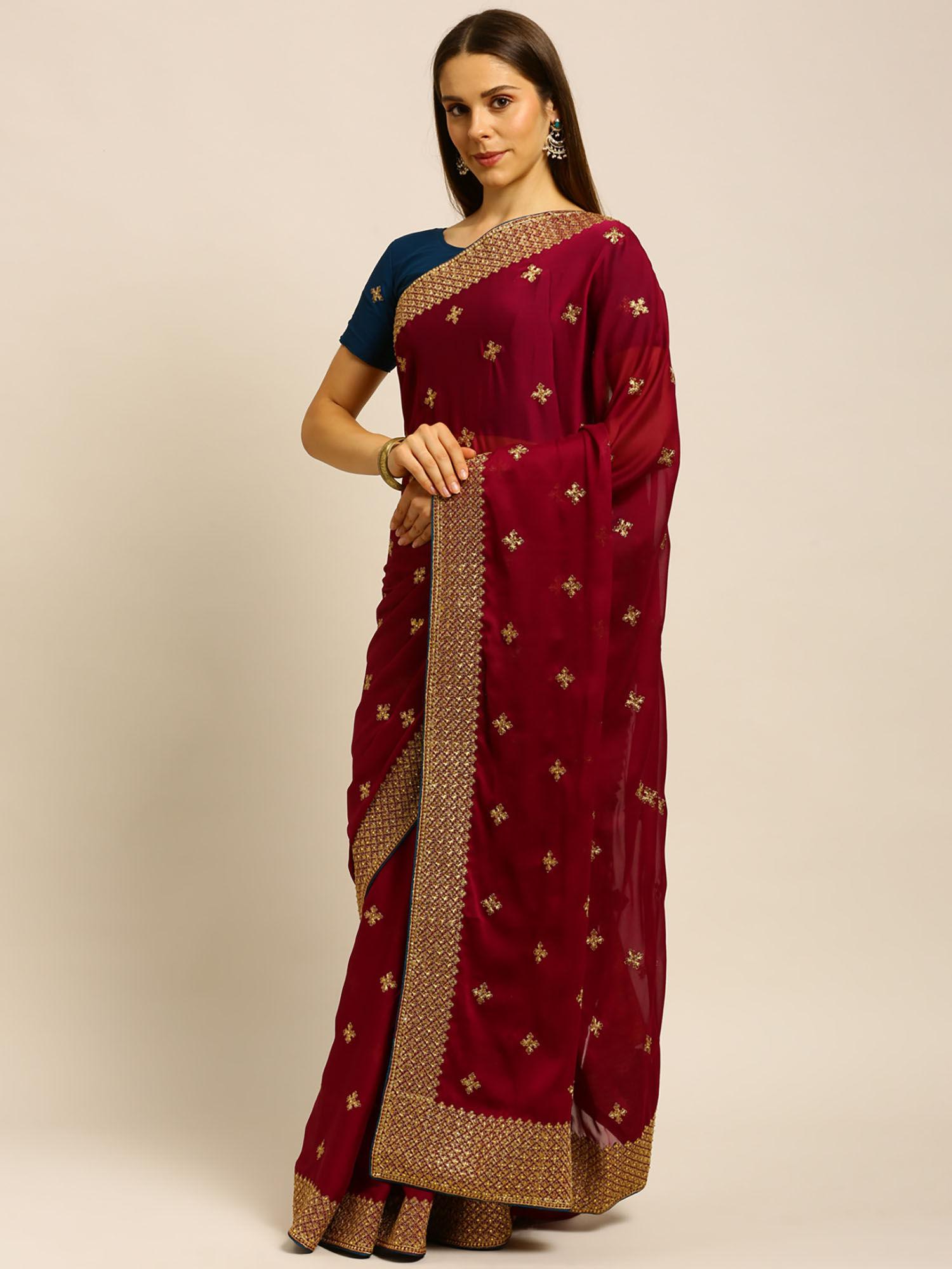 maroon embellished sequined saree with unstitched blouse