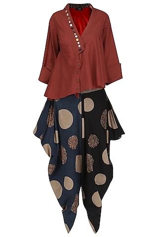 maroon embellished short shirt with blue digital printed dhoti pants