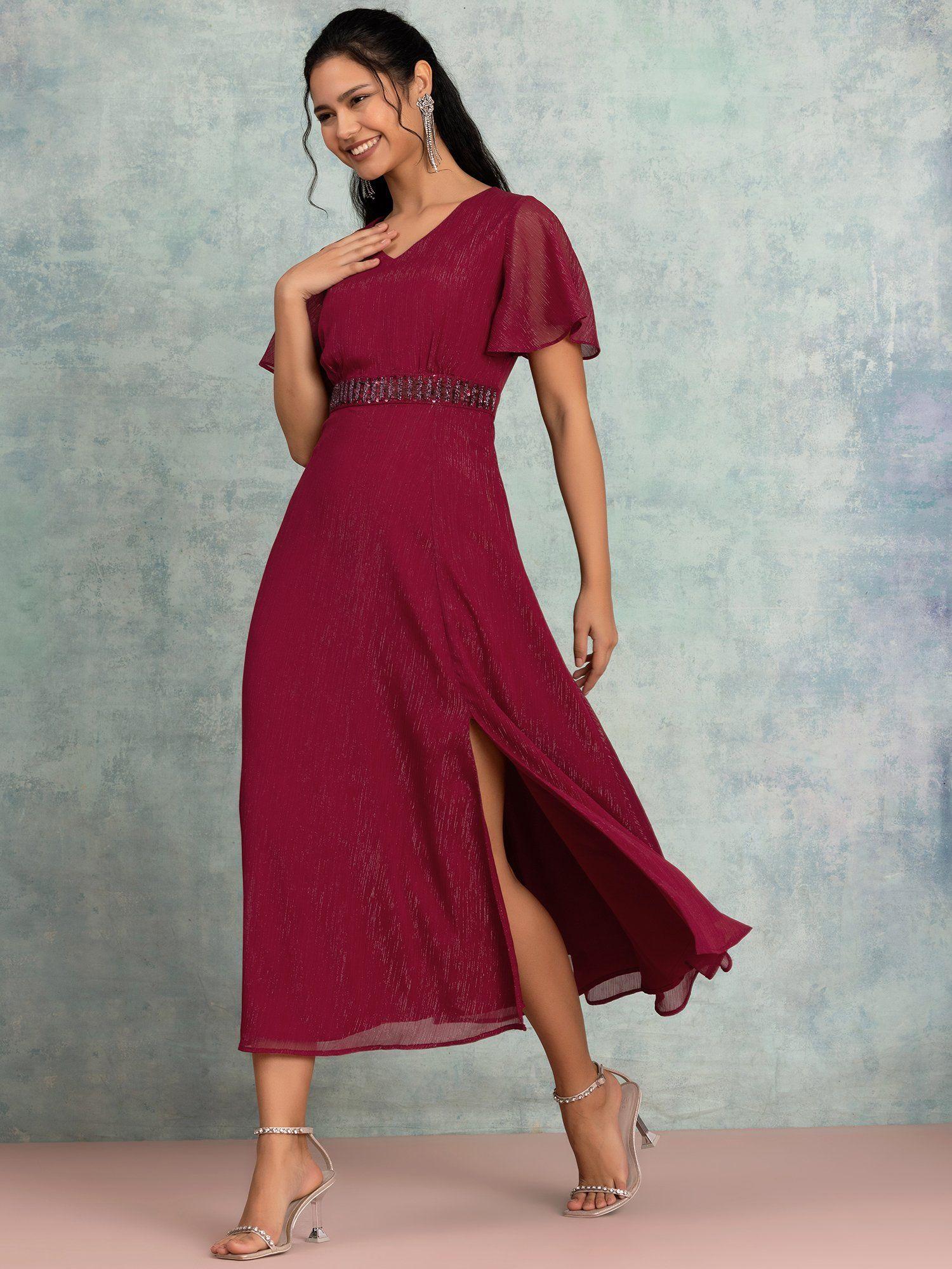 maroon embellished waist maxi dress