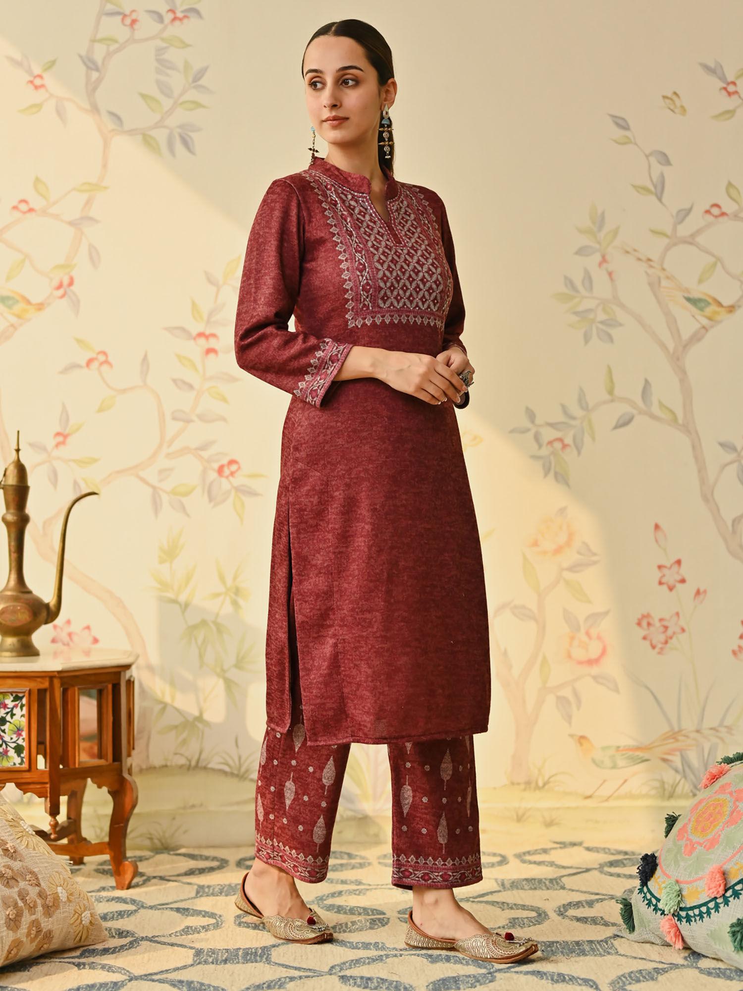 maroon embroidered & monotone woollen kurta