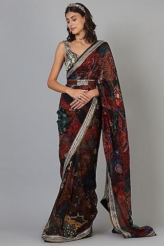 maroon embroidered & printed cocktail saree set