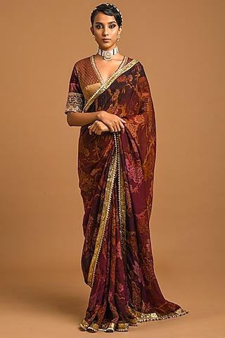 maroon embroidered & printed saree set