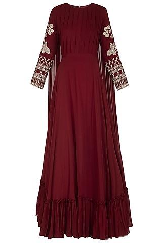 maroon embroidered anarkali gown with attached dupatta