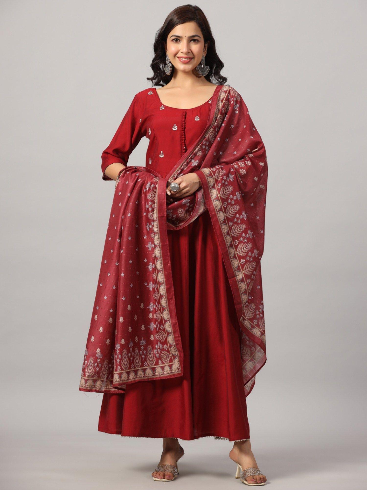 maroon embroidered anarkali kurta set