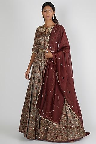 maroon embroidered anarkali set with belt