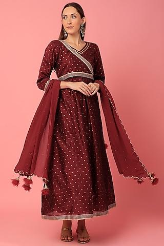 maroon embroidered anarkali set