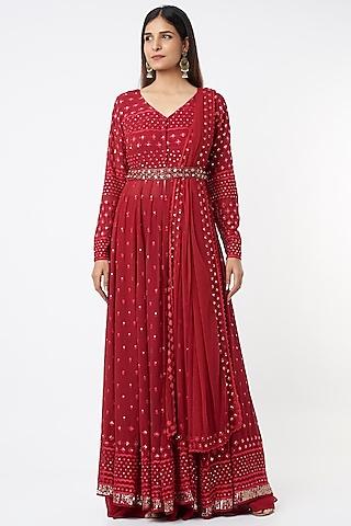 maroon embroidered anarkali set