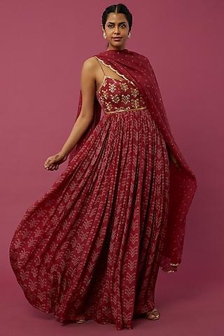 maroon embroidered anarkali set