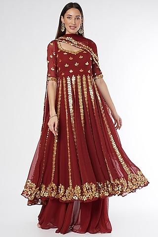 maroon embroidered anarkali set