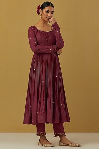 maroon embroidered anarkali set