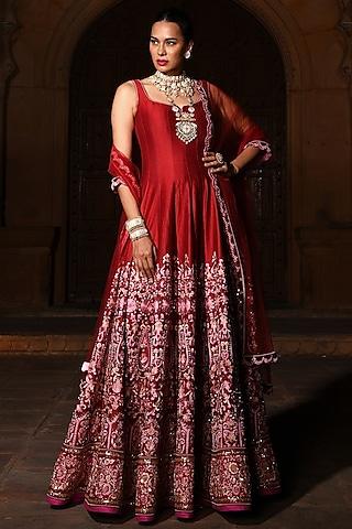 maroon embroidered anarkali set