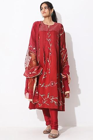 maroon embroidered anarkali set