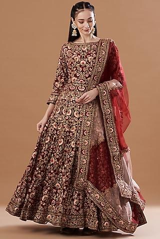 maroon embroidered anarkali set