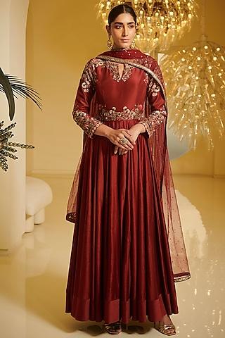 maroon embroidered anarkali set