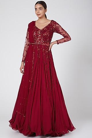 maroon embroidered anarkali with dupatta & belt