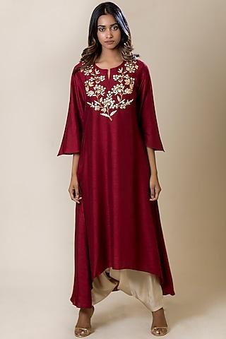maroon embroidered asymmetric tunic