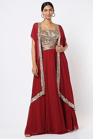 maroon embroidered cape set