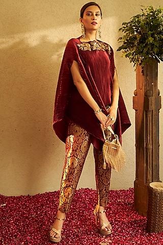 maroon embroidered cape set