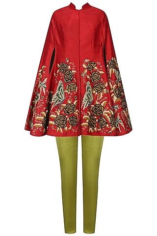 maroon embroidered cape with olive fitted pants set