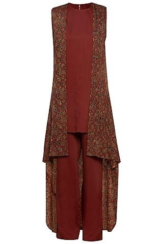 maroon embroidered cape with top and pants