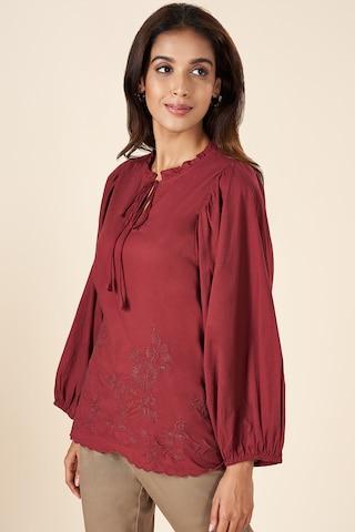 maroon embroidered casual full sleeves tie-up neck women regular fit  tunic