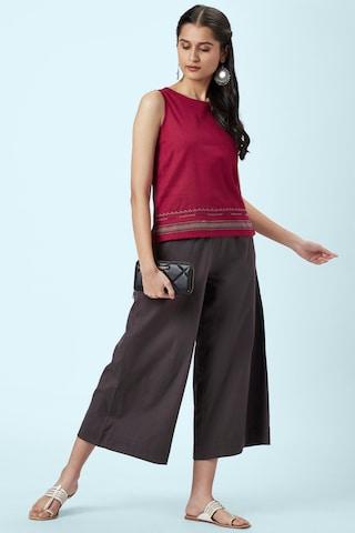 maroon embroidered casual sleeveless round neck women regular fit top