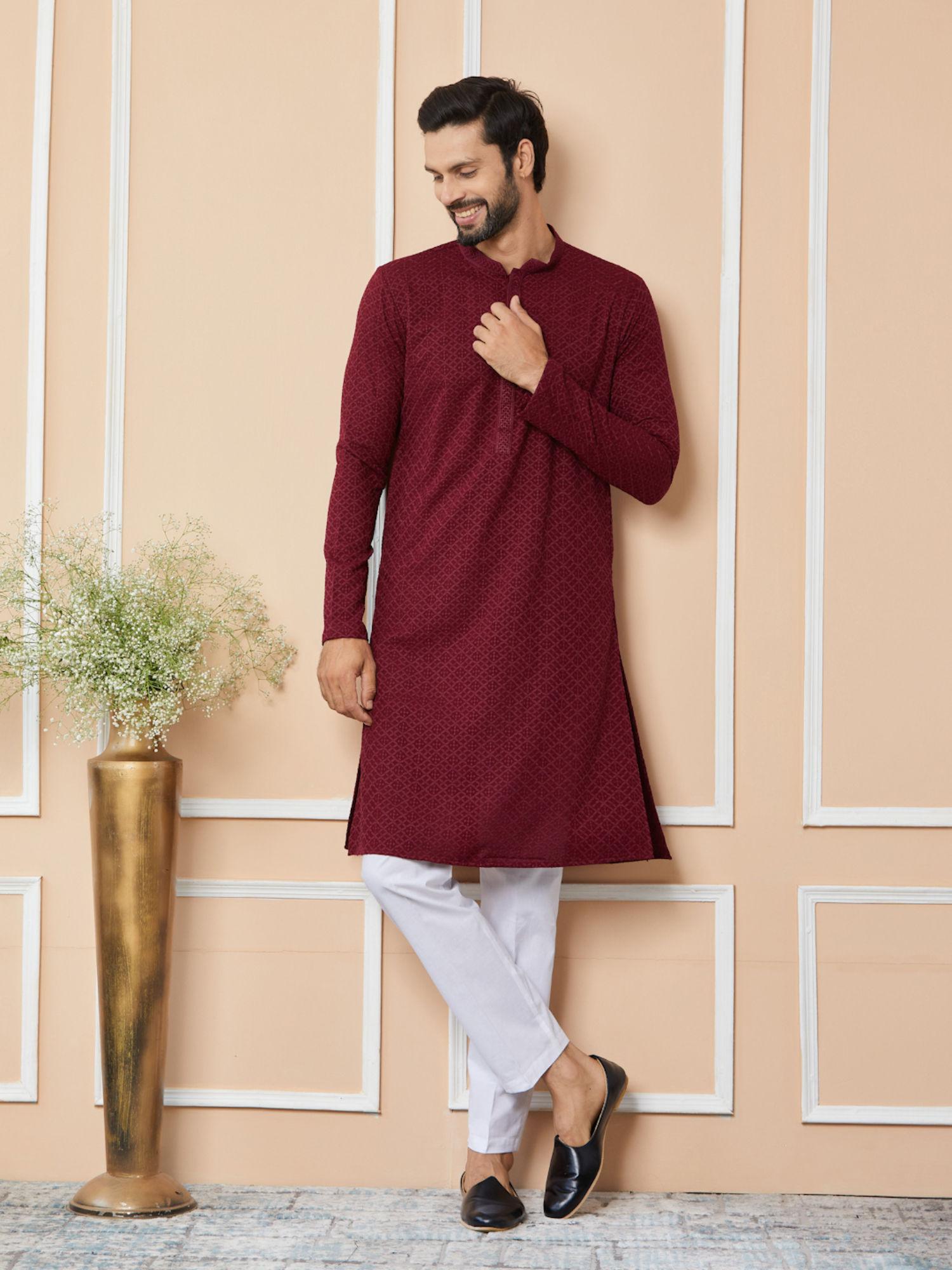 maroon embroidered chikankari rayon kurta with pyjama (set of 2)