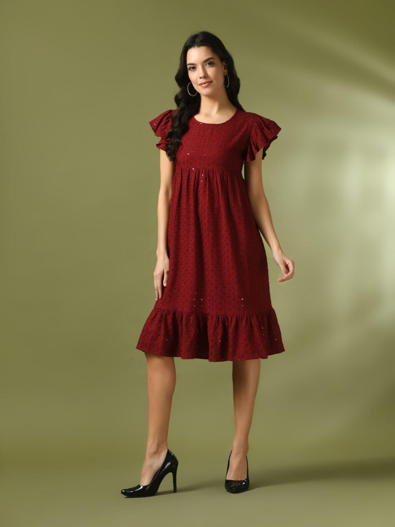 maroon embroidered cotton round neck a-line party dress